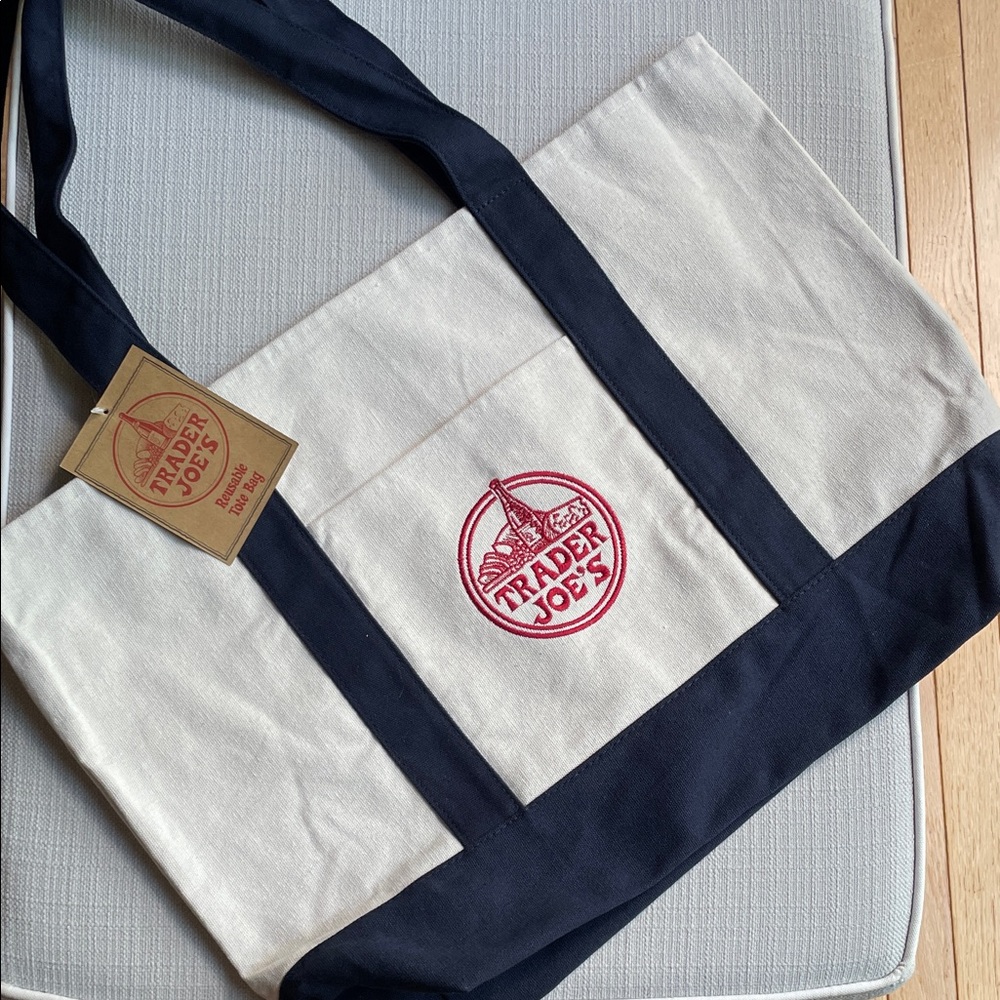 Trader Joe’s White and Navy large Canvas Tote Bag